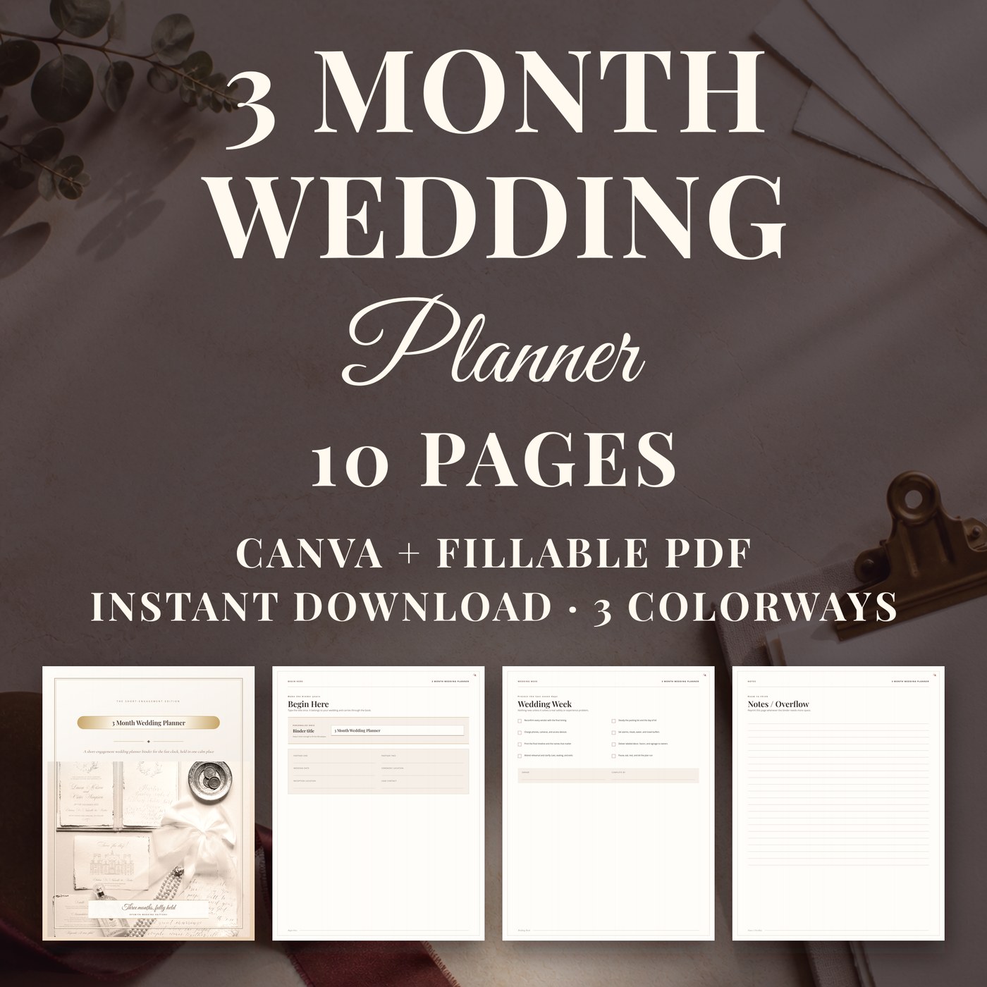 3 Month Wedding Planner: Short-Engagement Checklist Binder, Canva and PDF — listing hero